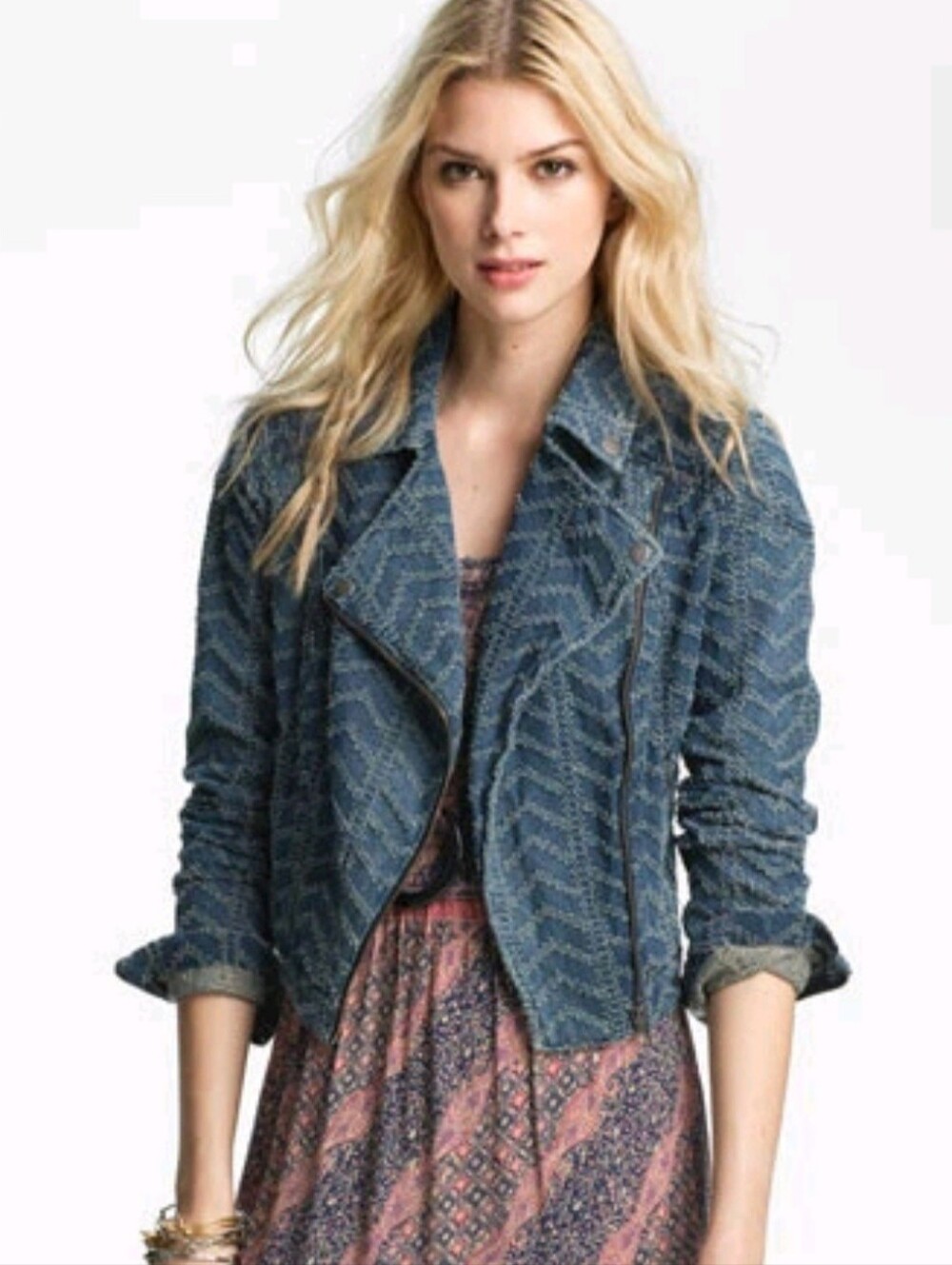 Free People Textured Blue Moto Jacket Sz 6